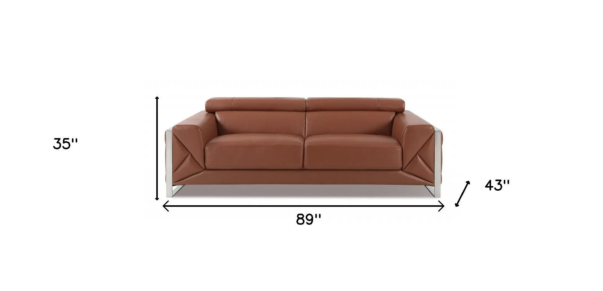 89" Camel Italian Leather Sofa With Silver Legs Homeroots