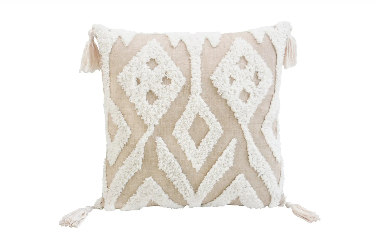 17" X 17" Beige And White Ikat Zippered Polyester Throw Pillow With Tassels Homeroots