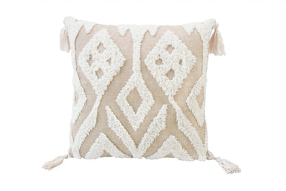 17" X 17" Beige And White Ikat Zippered Polyester Throw Pillow With Tassels Homeroots