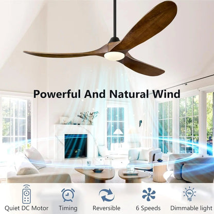 FiftyTwoInch WalnutWood CeilingFan WithRemote IntegratedLights HighAirflow SolidWood-3
