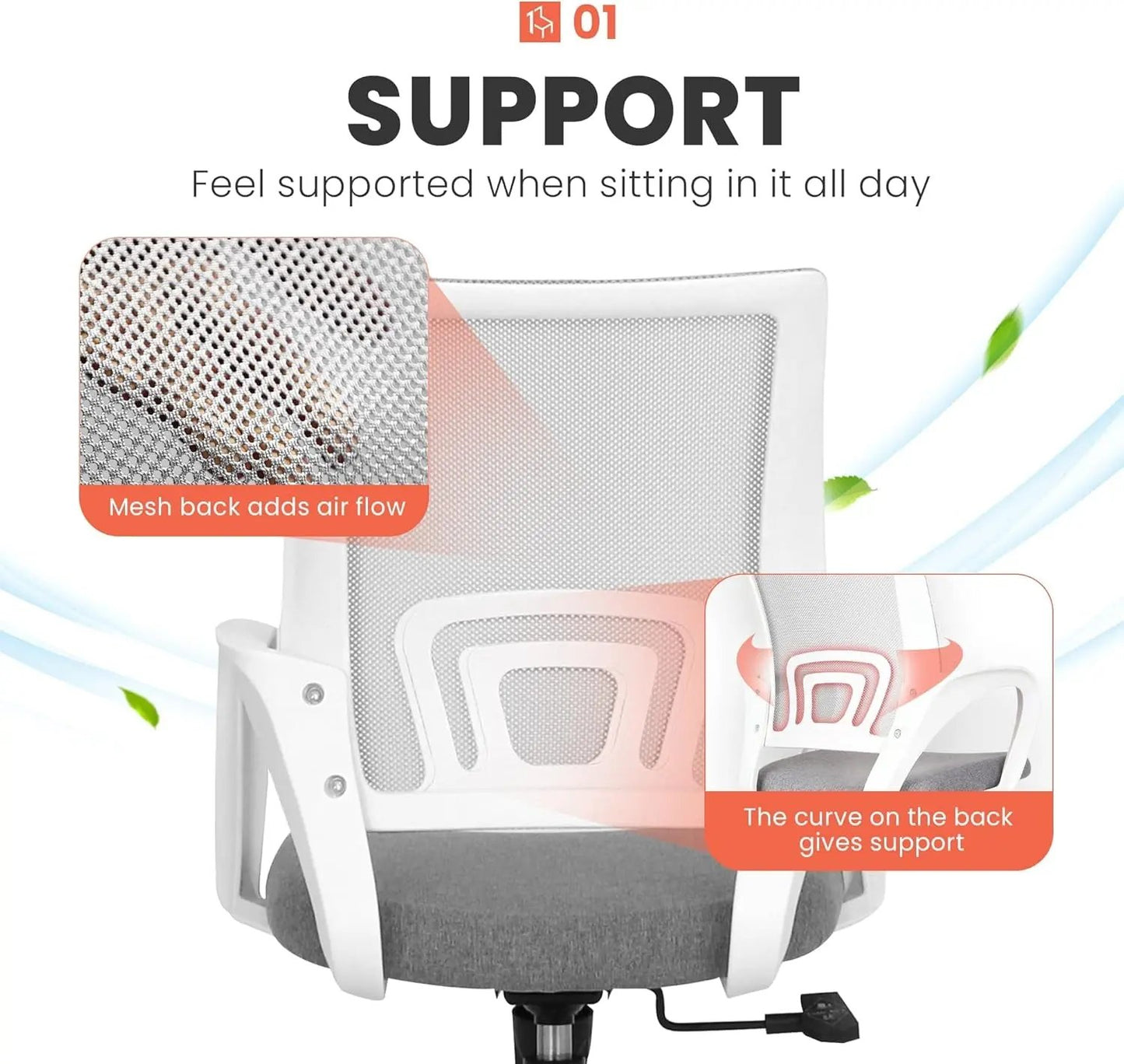 Office Chair Computer Desk Chair Gaming Ergonomic Mid Back Cushion Lumbar Support with Comfy Mesh Adjustable Swivel Rolling Home (Grey)-3