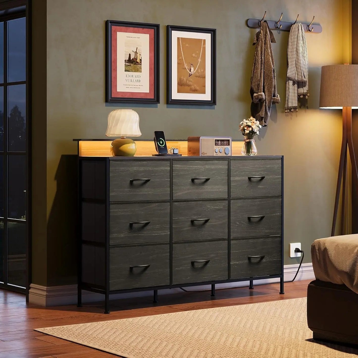 Dresser TV Stand for 55 Inch, Led Dresser for Bedroom, Black Dressers for Bedroom with LED Lights and Charging Station, Chest of Drawers, 9 Fabric Dresser Drawers, Wood Top, Living Room, Closet-1