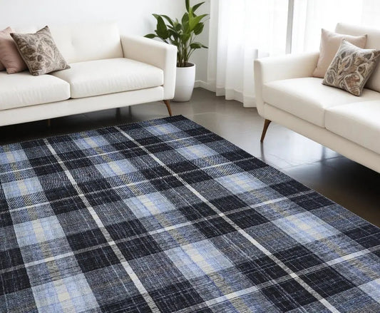 8' X 10' Black Blue And White Abstract Hand Woven Stain Resistant Area Rug-0