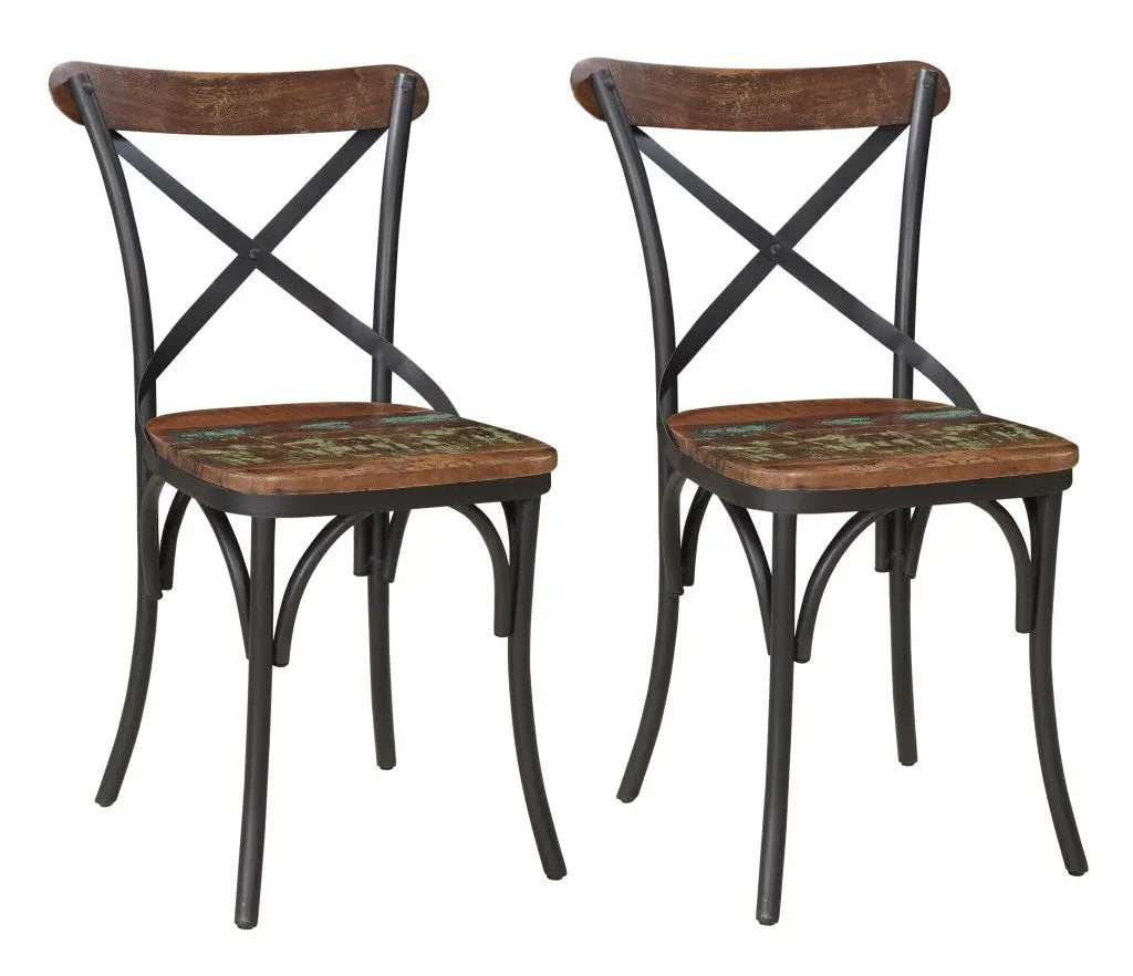 Set of Two Brown And Black Metal And Wood Cross Back Dining Side Chairs-1