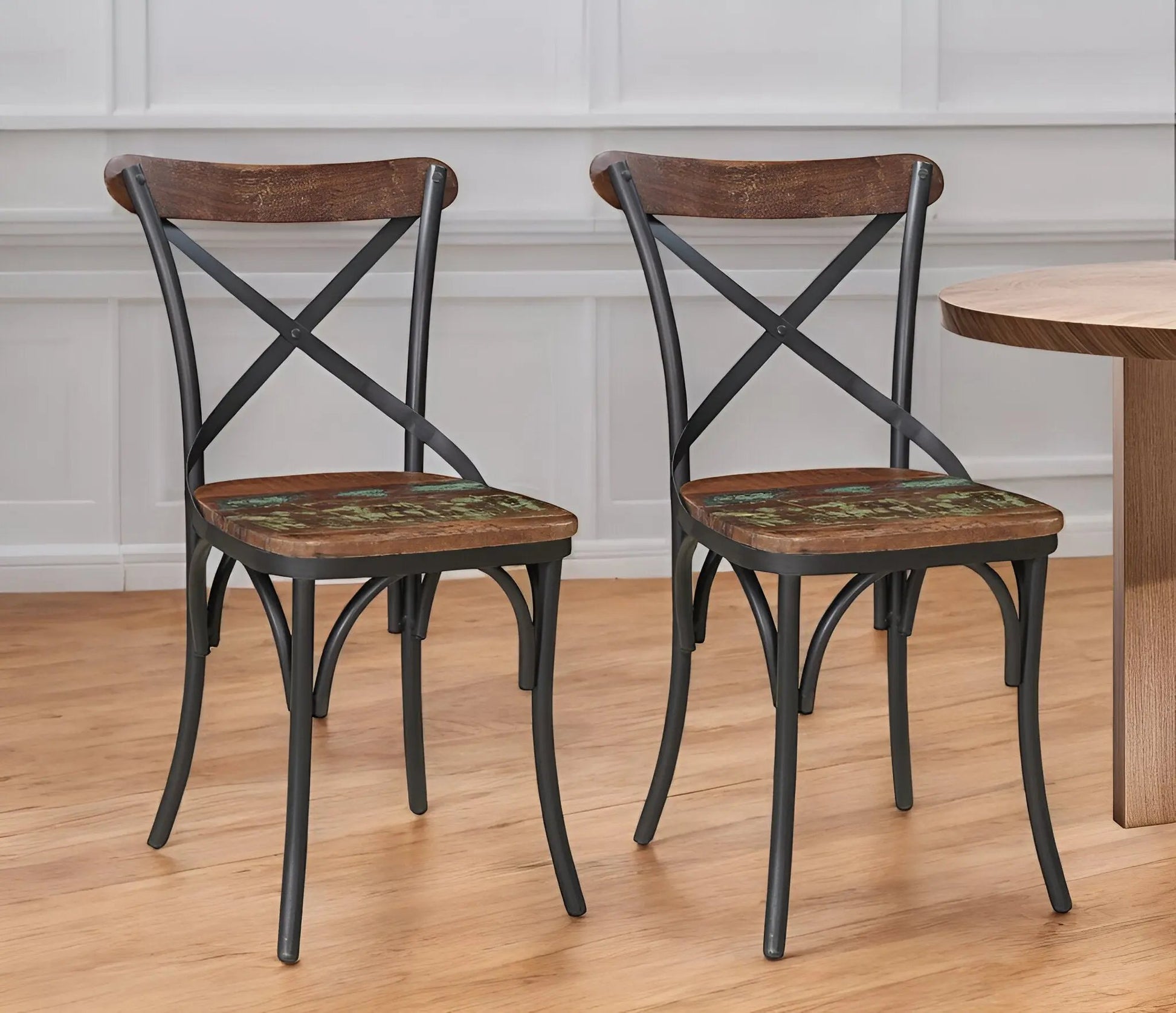 Set of Two Brown And Black Metal And Wood Cross Back Dining Side Chairs-0