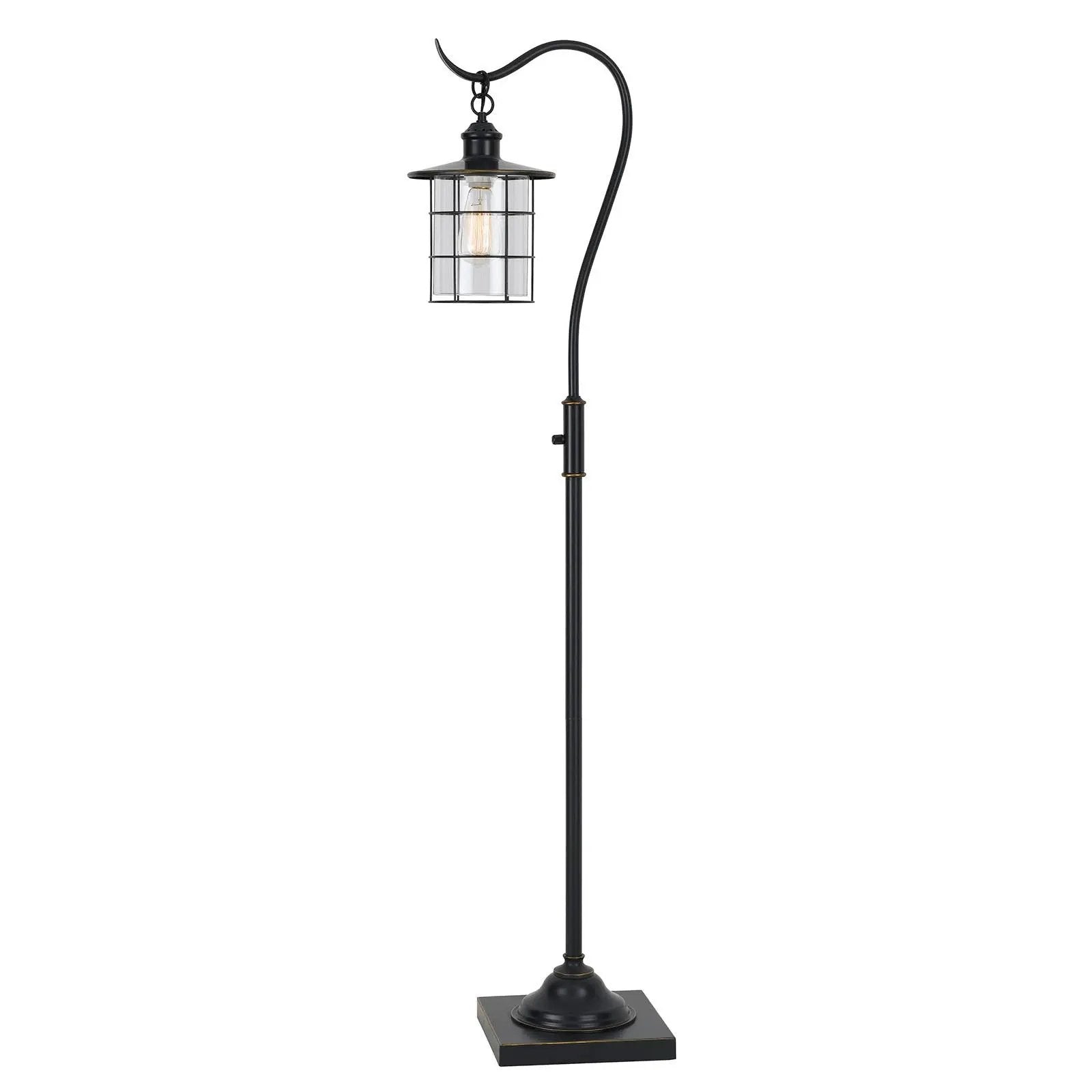 60" Antiqued Bronze Lantern Style Floor Lamp With Glass and Metal Shade-2