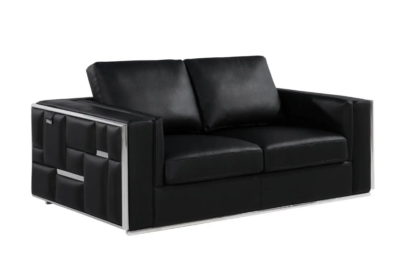 73" Black And Silver Metallic Top Grain Leather Loveseat Homeroots