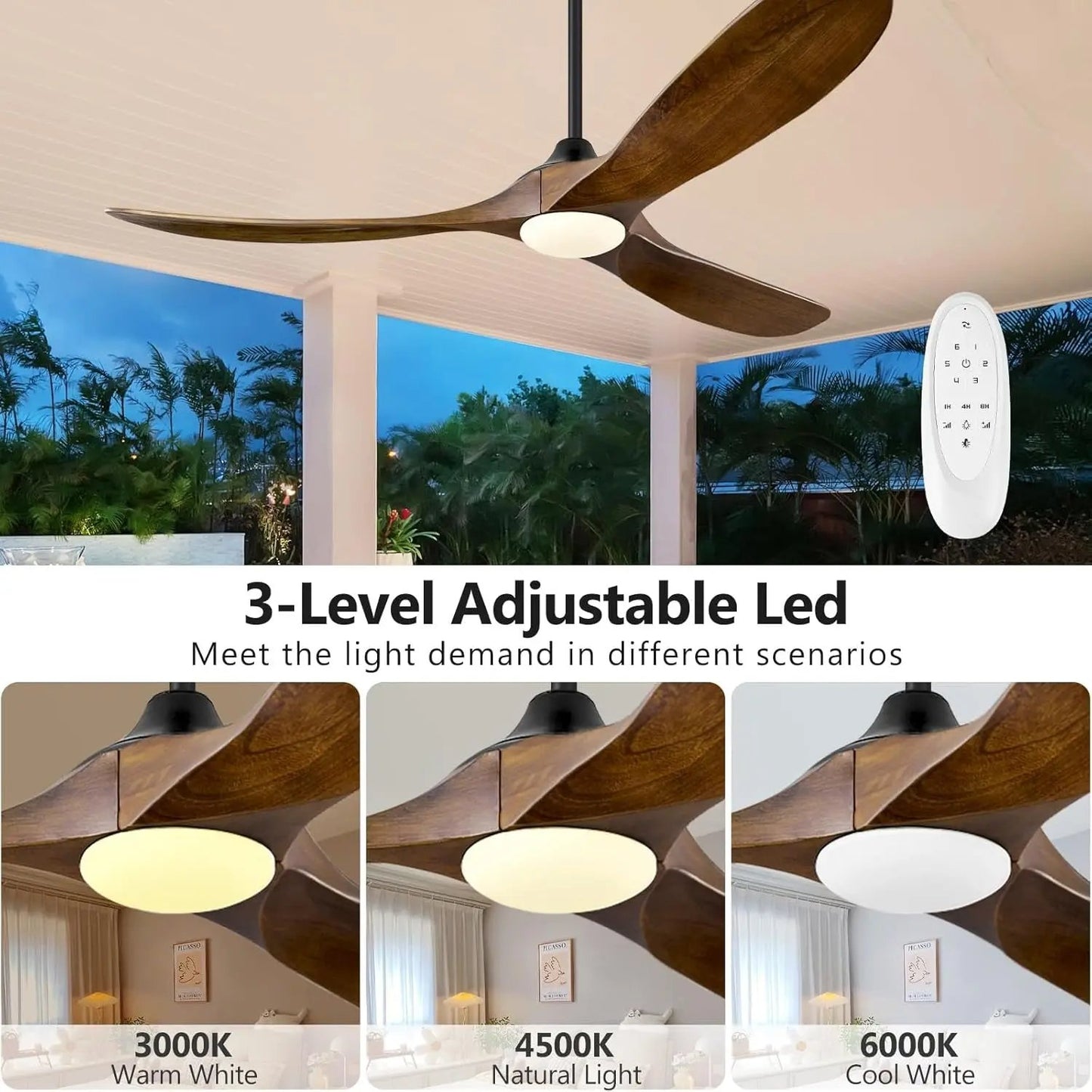 FiftyTwoInch WalnutWood CeilingFan WithRemote IntegratedLights HighAirflow SolidWood-2