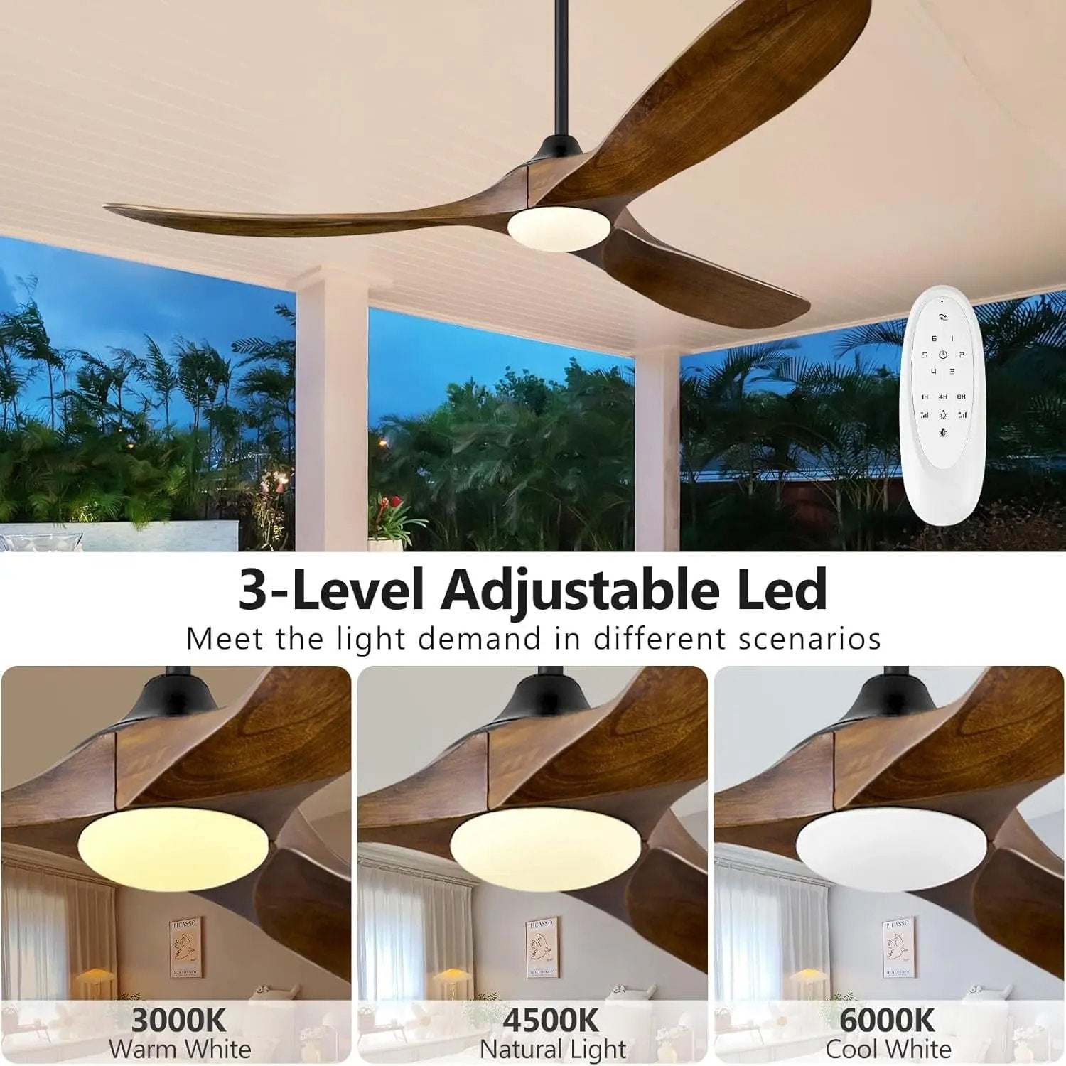 FiftyTwoInch WalnutWood CeilingFan WithRemote IntegratedLights HighAirflow SolidWood-2