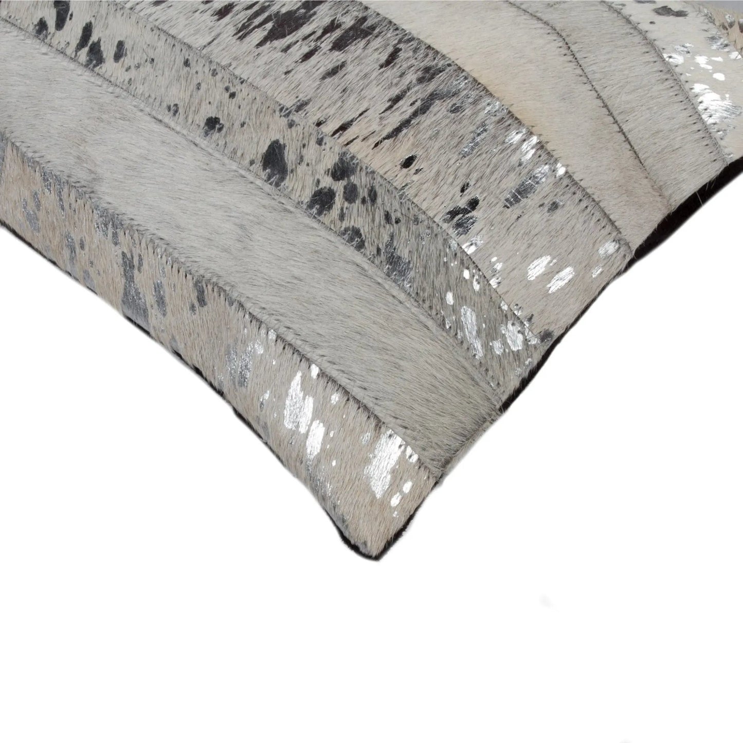 Set of Two 12" X 20" Gray and Silver Striped Cowhide Lumbar Throw Pillows with Glitter Homeroots