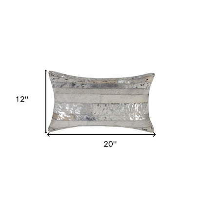 Set of Two 12" X 20" Gray and Silver Striped Cowhide Lumbar Throw Pillows with Glitter Homeroots