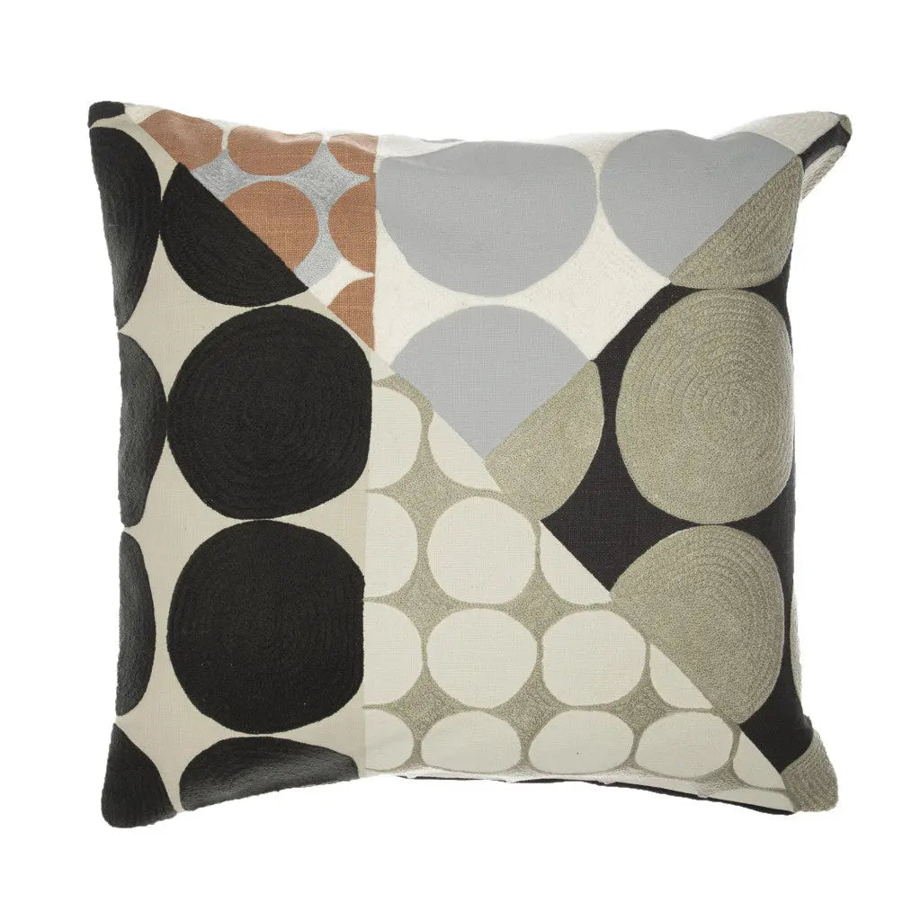 20" Beige and Black Geometric Cotton Throw Pillow With Embroidery Homeroots