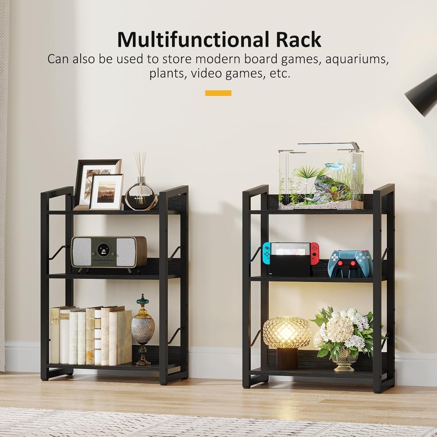 Book Shelf Small Bookshelf - 3-Tier Wood Bookcase Industrial Bookshelf Metal Narrow Bookcase Storage Organizer Display Rack for Bedroom Living Room Home Office (Black)-4