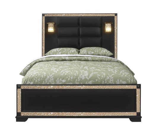 Black Faux Crystal Bling Wood And Upholstery Lighted Queen Bed Frame Homeroots