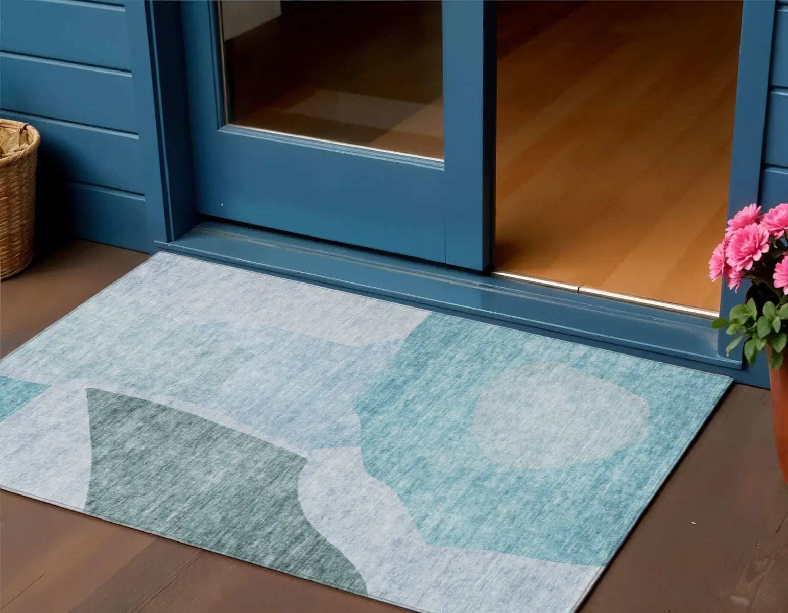 3' X 5' Teal Blue Artichoke Green And Blue Abstract Washable Indoor Outdoor Area Rug Homeroots