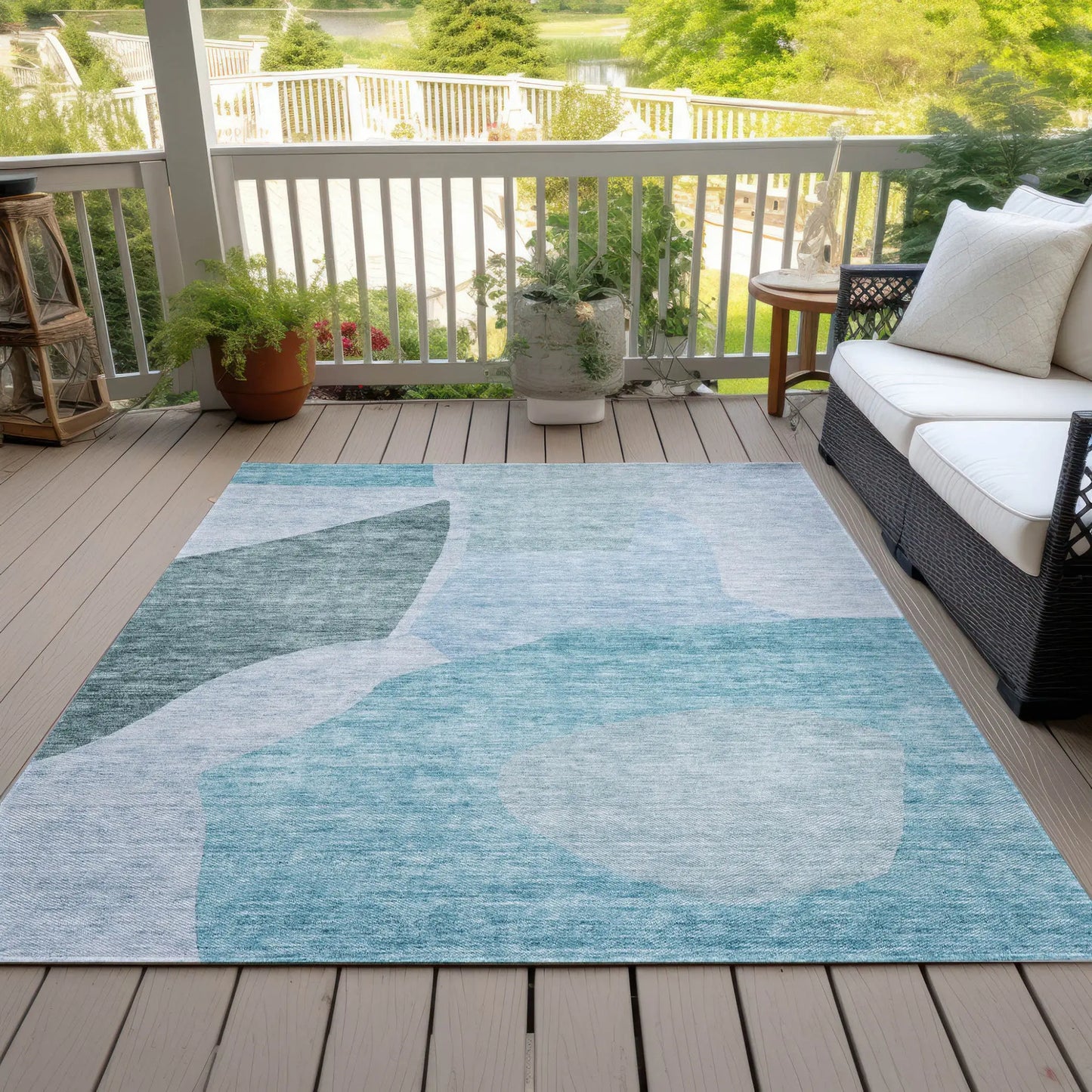 3' X 5' Teal Blue Artichoke Green And Blue Abstract Washable Indoor Outdoor Area Rug Homeroots