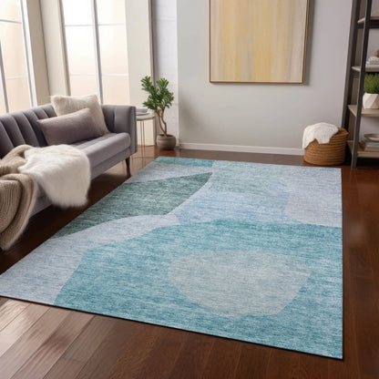 3' X 5' Teal Blue Artichoke Green And Blue Abstract Washable Indoor Outdoor Area Rug Homeroots