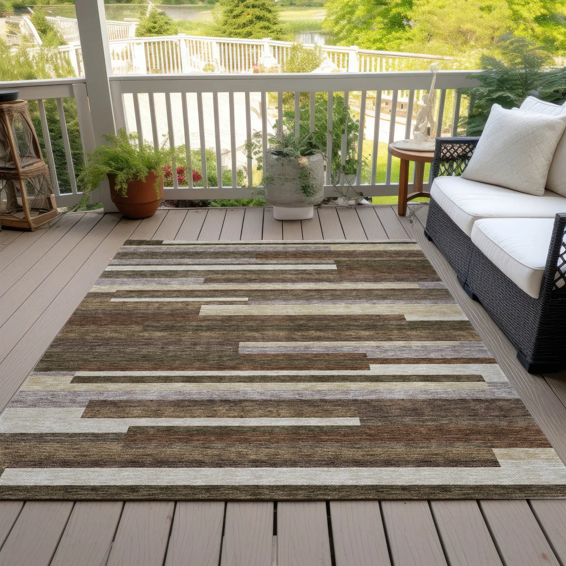 9' X 12' Brown Beige And Copper Striped Washable Indoor Outdoor Area Rug Homeroots