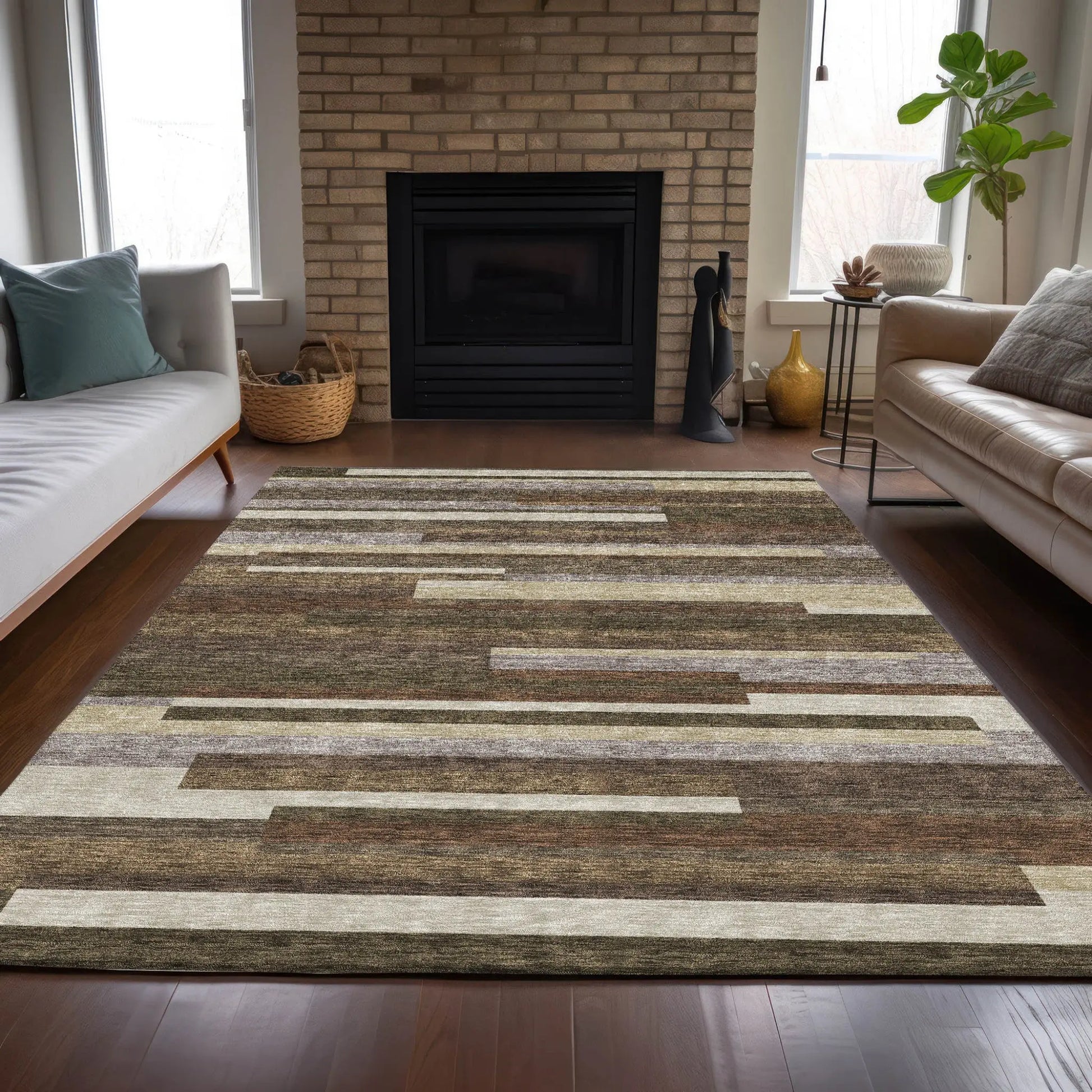 9' X 12' Brown Beige And Copper Striped Washable Indoor Outdoor Area Rug Homeroots