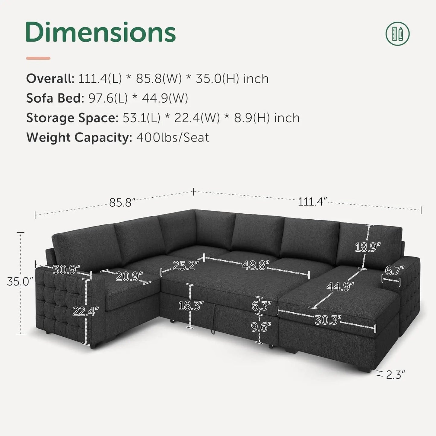 Sectional Sleeper Sofa with Pull Out Bed, Reversible Sectional Sleeper Couch with Storage Chaise U Shape Sectional Sofa, Dark Grey-2