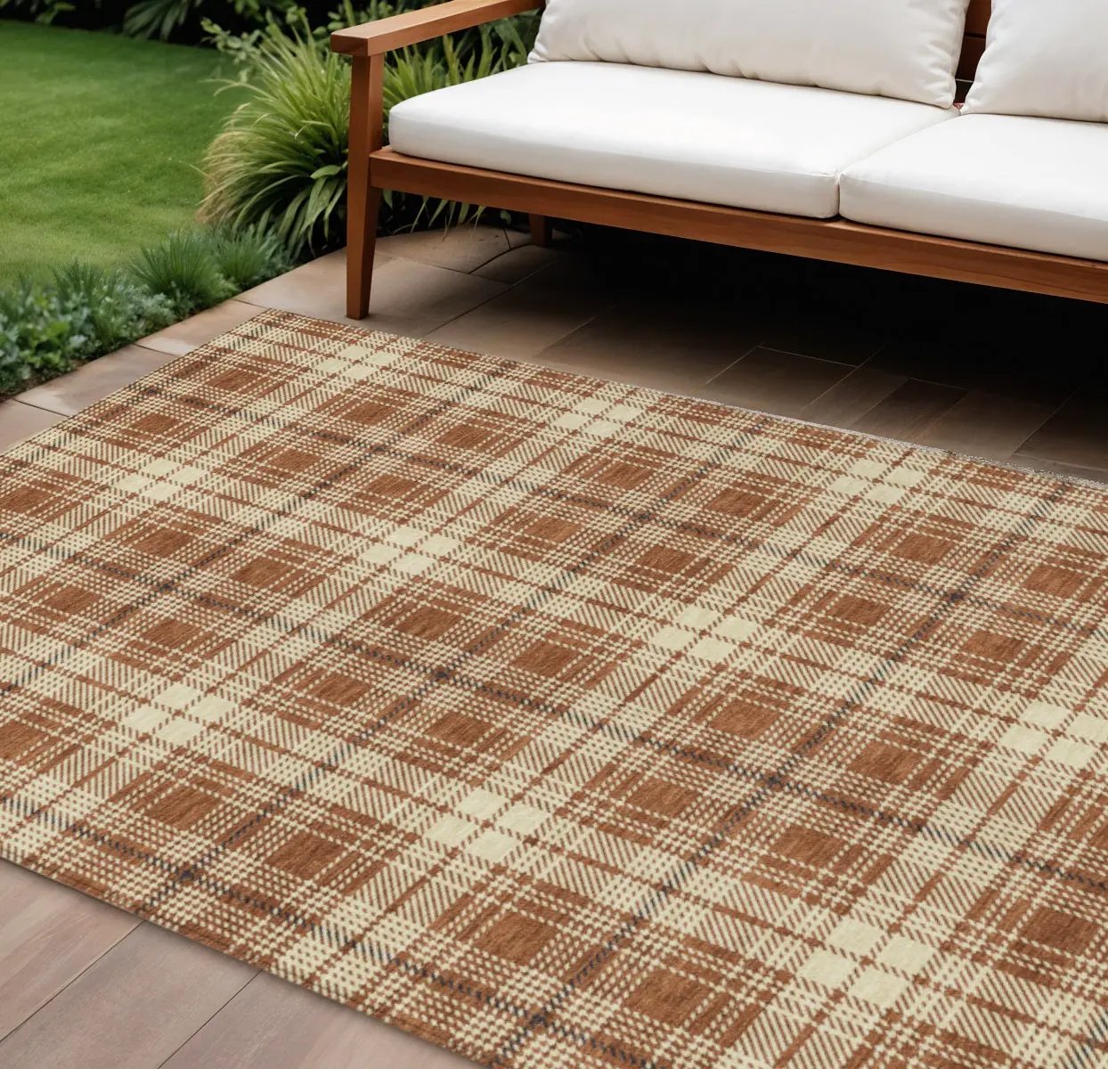 9' X 12' Brown Black And Beige Plaid Washable Indoor Outdoor Area Rug-0