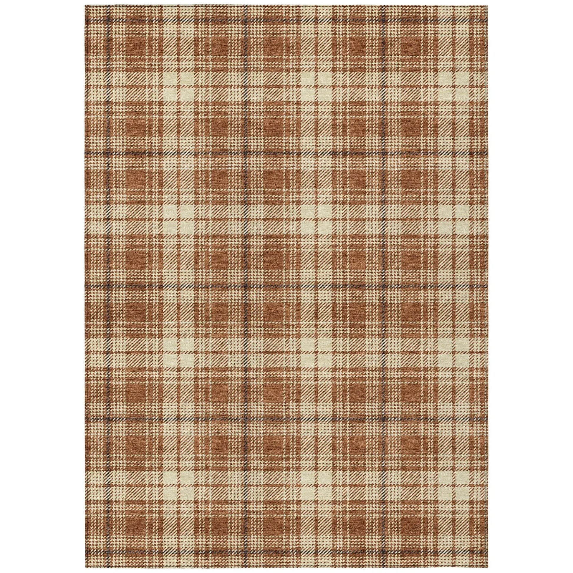 9' X 12' Brown Black And Beige Plaid Washable Indoor Outdoor Area Rug-1