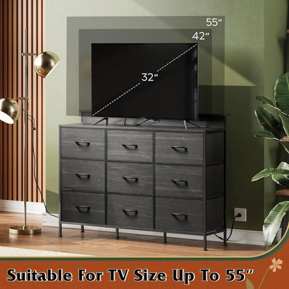 Dresser TV Stand for 55 Inch, Led Dresser for Bedroom, Black Dressers for Bedroom with LED Lights and Charging Station, Chest of Drawers, 9 Fabric Dresser Drawers, Wood Top, Living Room, Closet-3