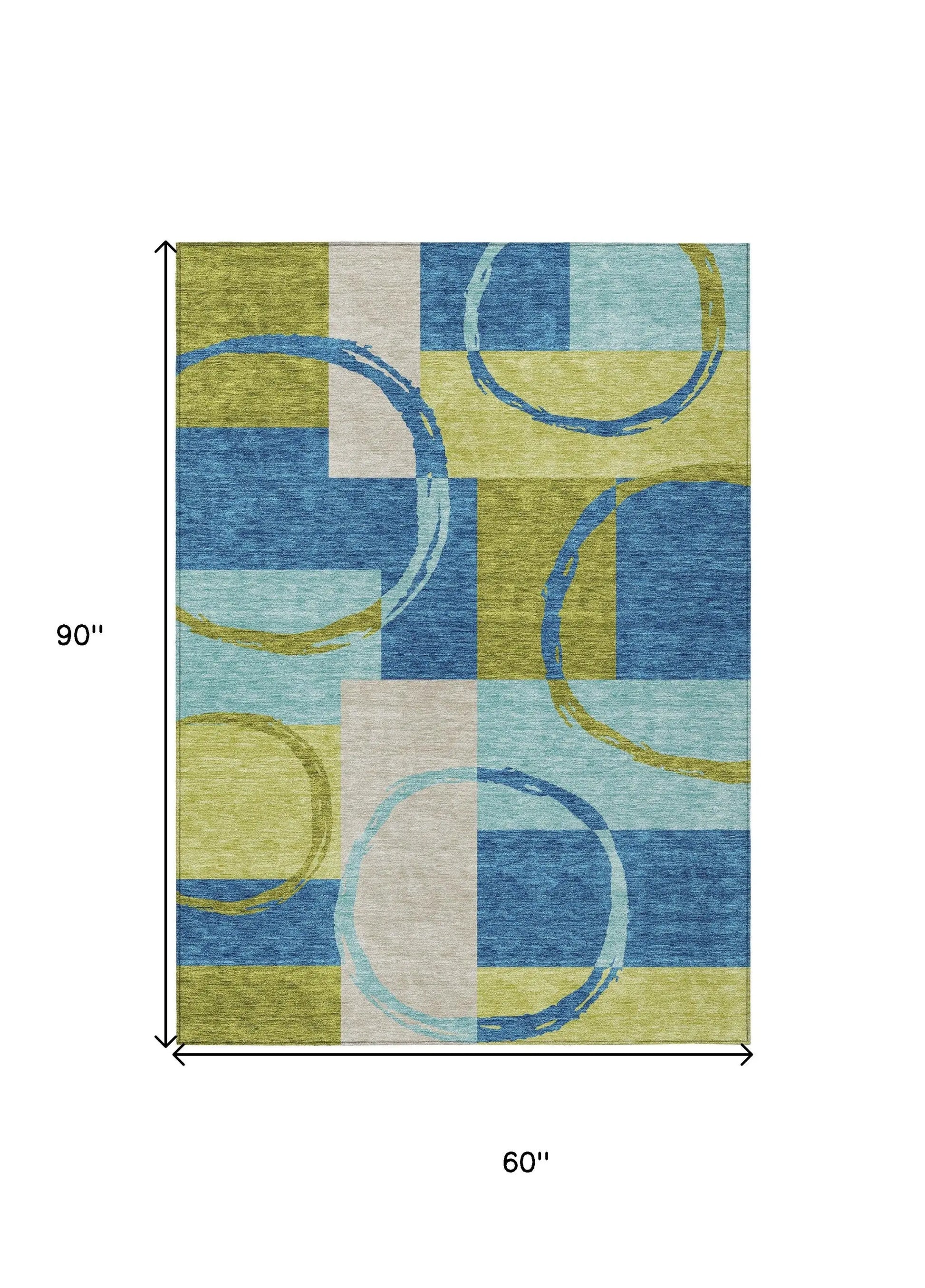 5' X 8' Denim Blue And Lime Green Geometric Washable Indoor Outdoor Area Rug Homeroots