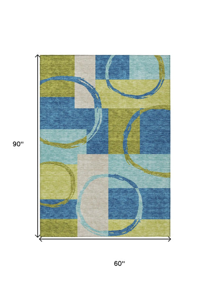 5' X 8' Denim Blue And Lime Green Geometric Washable Indoor Outdoor Area Rug Homeroots