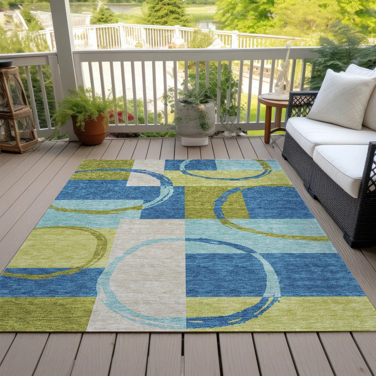 5' X 8' Denim Blue And Lime Green Geometric Washable Indoor Outdoor Area Rug Homeroots