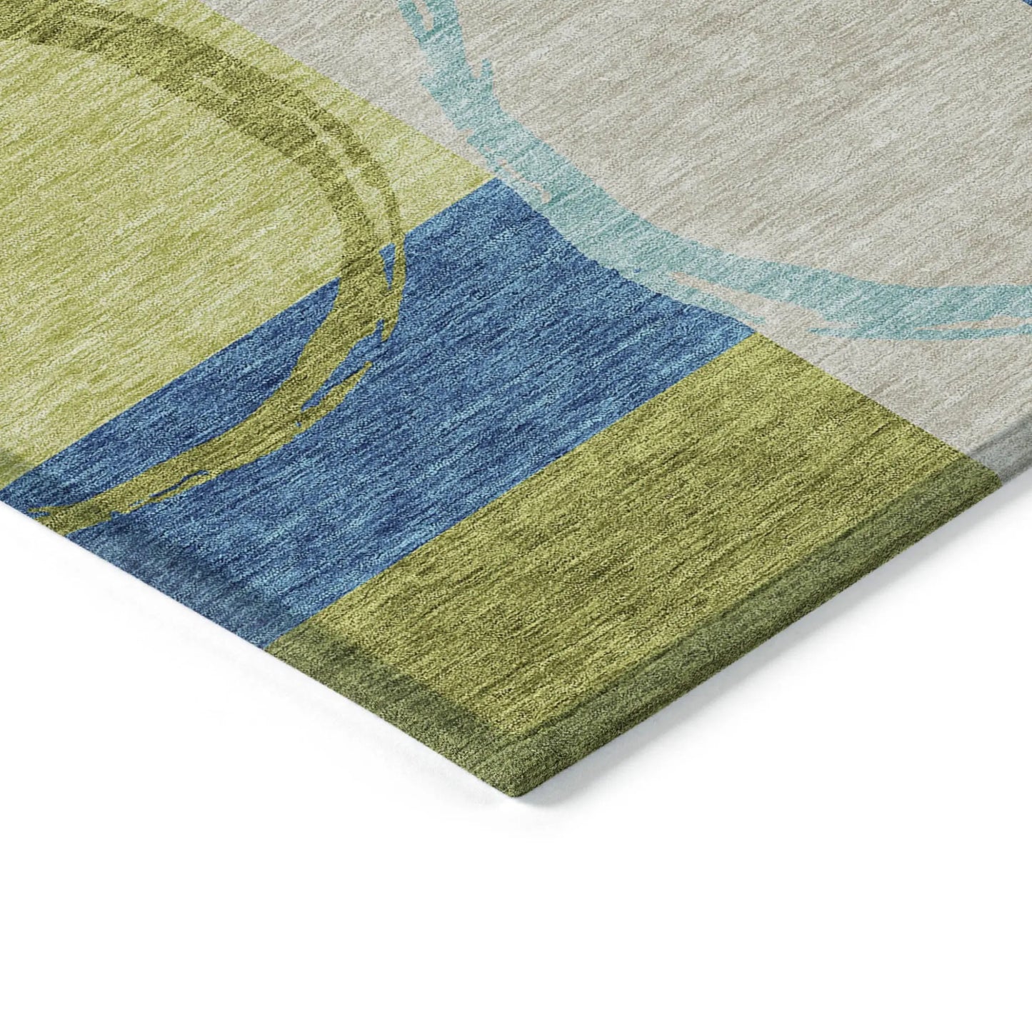 5' X 8' Denim Blue And Lime Green Geometric Washable Indoor Outdoor Area Rug Homeroots