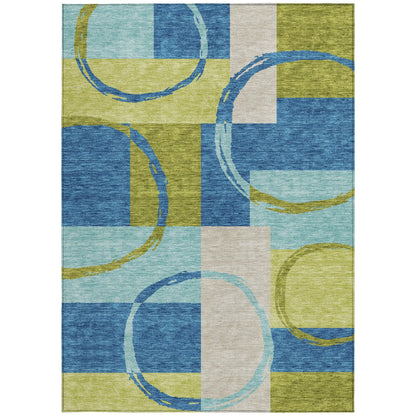 5' X 8' Denim Blue And Lime Green Geometric Washable Indoor Outdoor Area Rug Homeroots