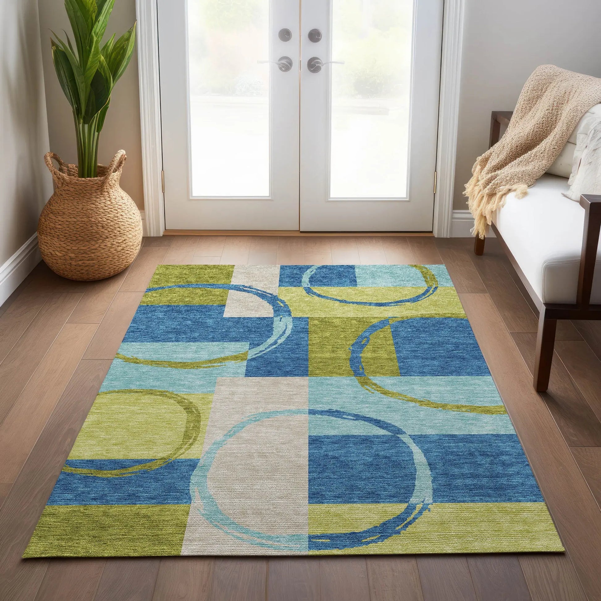 5' X 8' Denim Blue And Lime Green Geometric Washable Indoor Outdoor Area Rug Homeroots