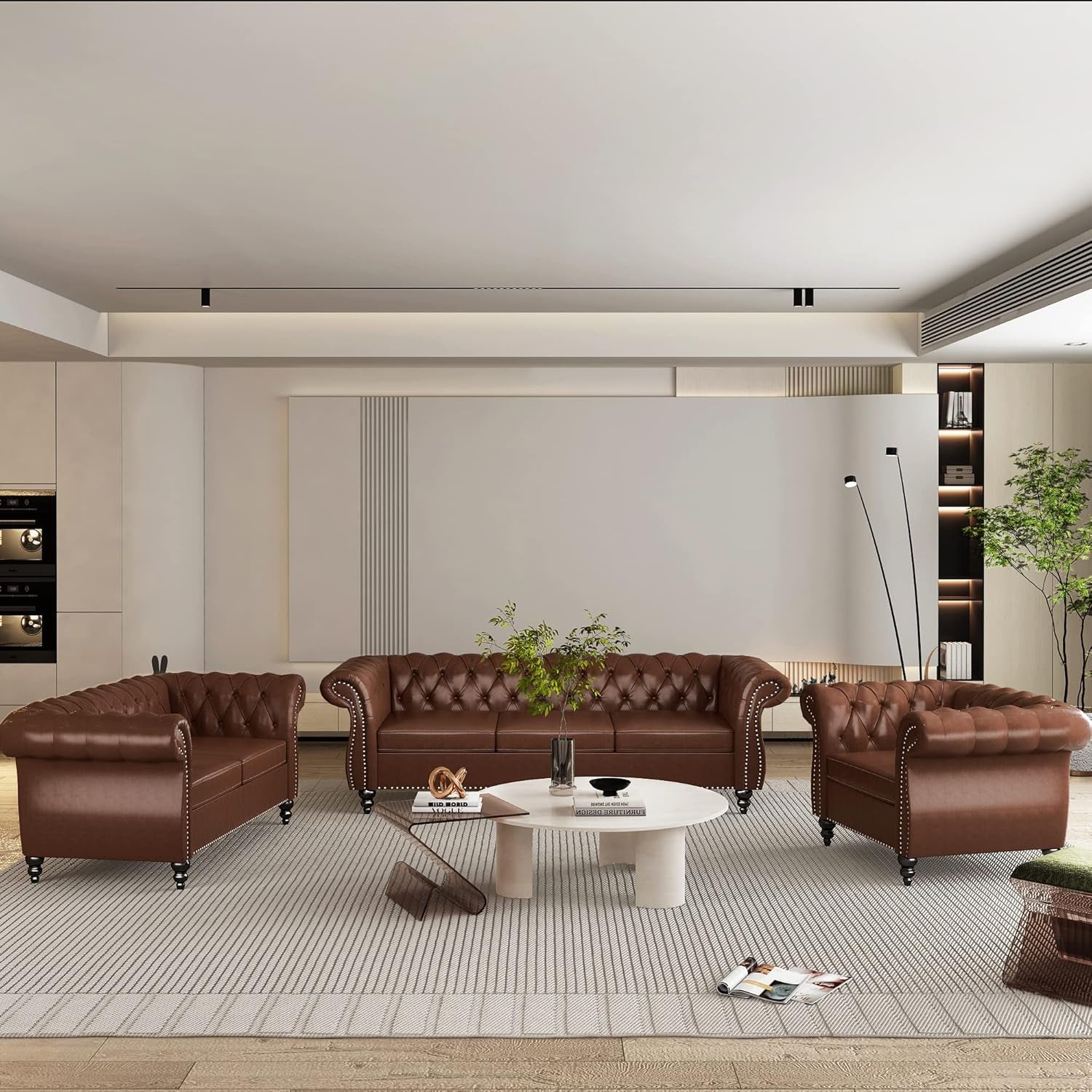 3 Piece Living Room Set, Chesterfield Leather Sofa Loveseat Couch Chair with Scroll Arms and Nailhead for Living Room, Office (Dark Brown)-0