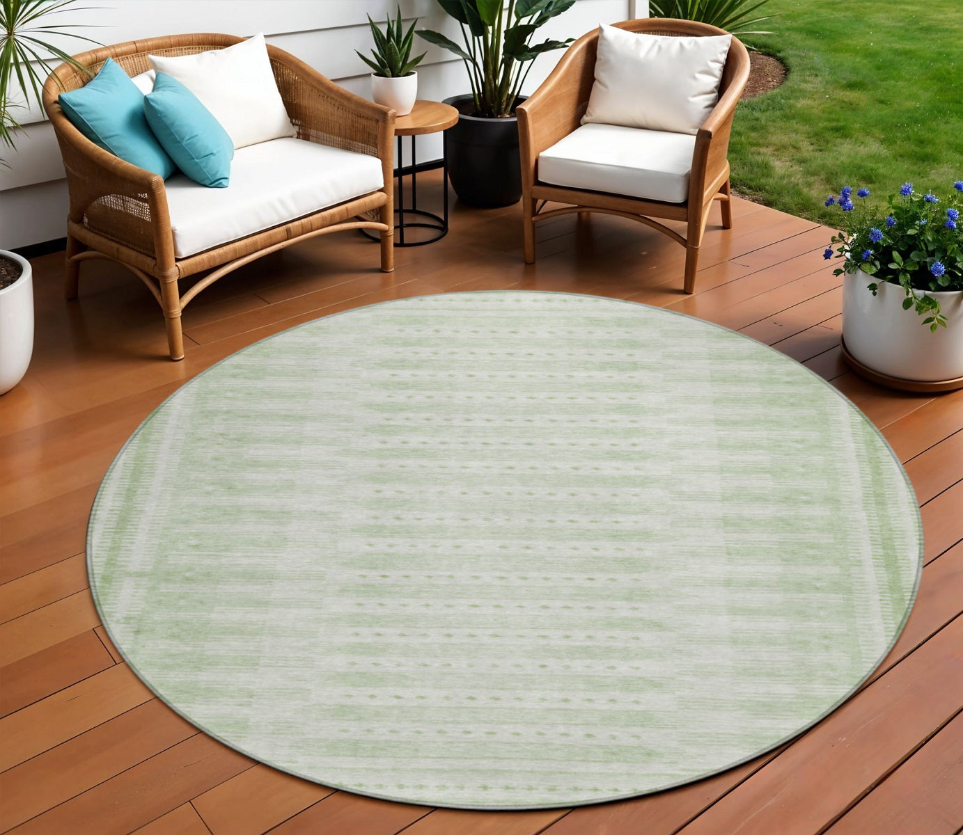 8' Sage And Ivory Round Geometric Washable Indoor Outdoor Area Rug Homeroots