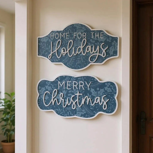 Set of Two Blue And White Christmas Home For The Holidays Wood Wall Decor-0
