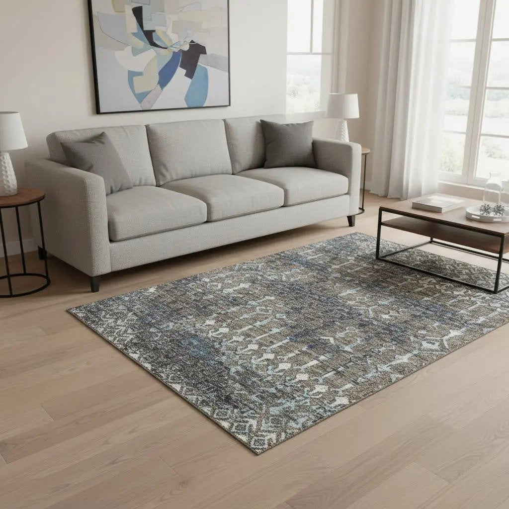 5' X 8' Burnished Brown And Blue Tribal Washable Area Rug With UV Protection-1