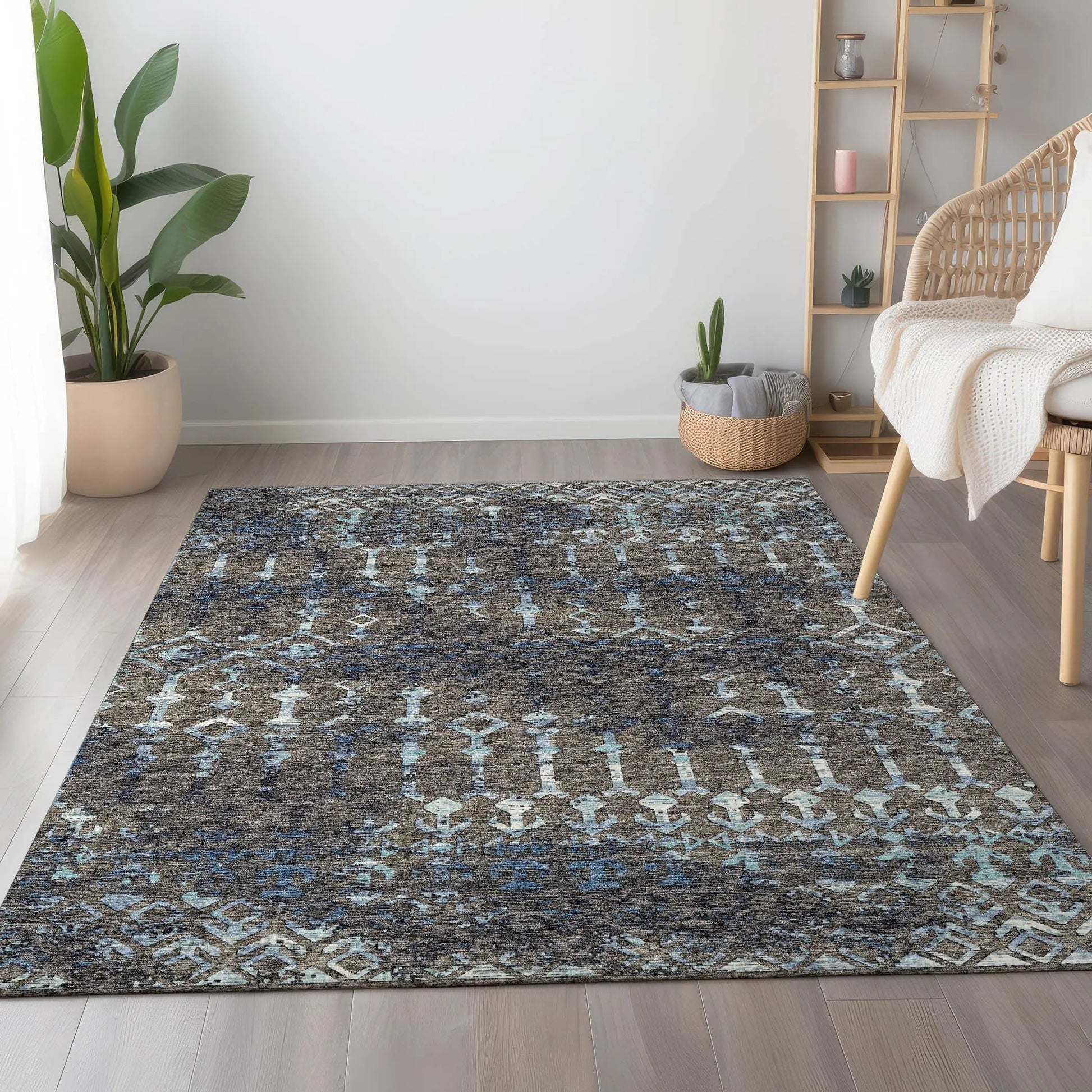 5' X 8' Burnished Brown And Blue Tribal Washable Area Rug With UV Protection-4