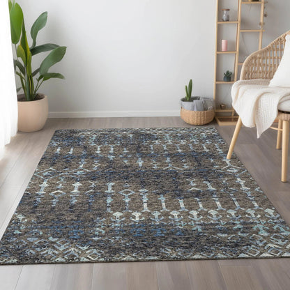 5' X 8' Burnished Brown And Blue Tribal Washable Area Rug With UV Protection-4