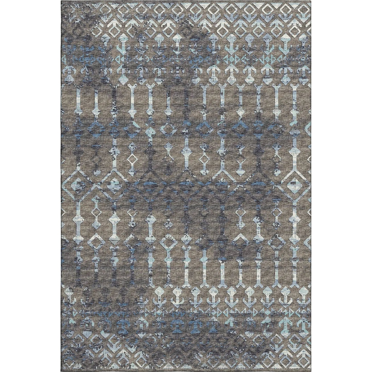 5' X 8' Burnished Brown And Blue Tribal Washable Area Rug With UV Protection-0