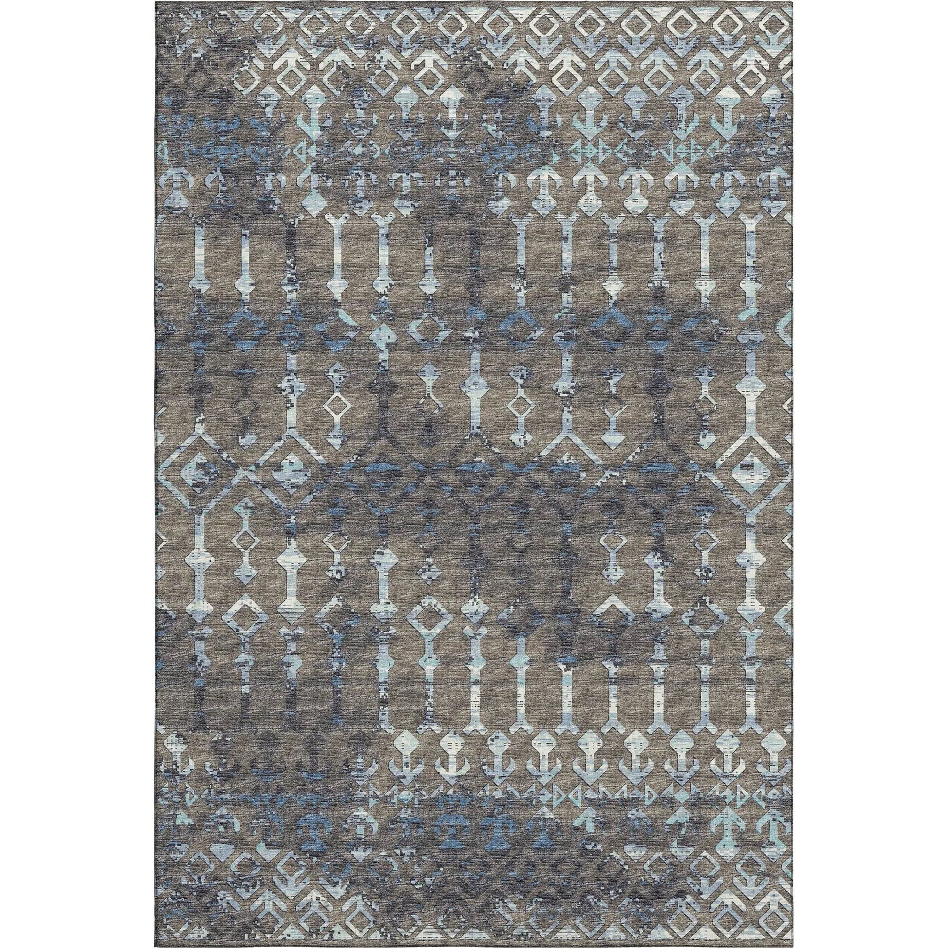 5' X 8' Burnished Brown And Blue Tribal Washable Area Rug With UV Protection-0