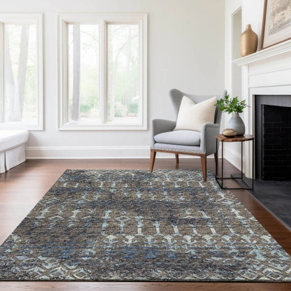 5' X 8' Burnished Brown And Blue Tribal Washable Area Rug With UV Protection-5