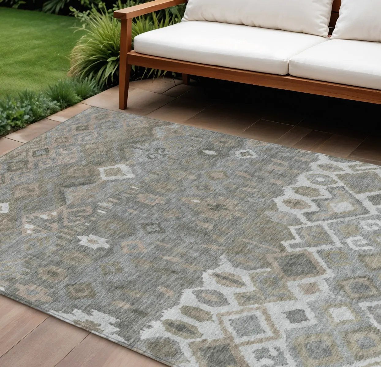 8' X 10' Pewter Ivory And Tan Geometric Washable Indoor Outdoor Area Rug-0