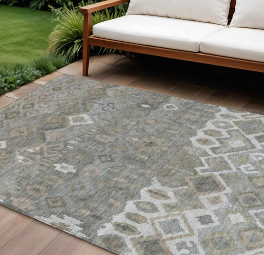 8' X 10' Pewter Ivory And Tan Geometric Washable Indoor Outdoor Area Rug-0