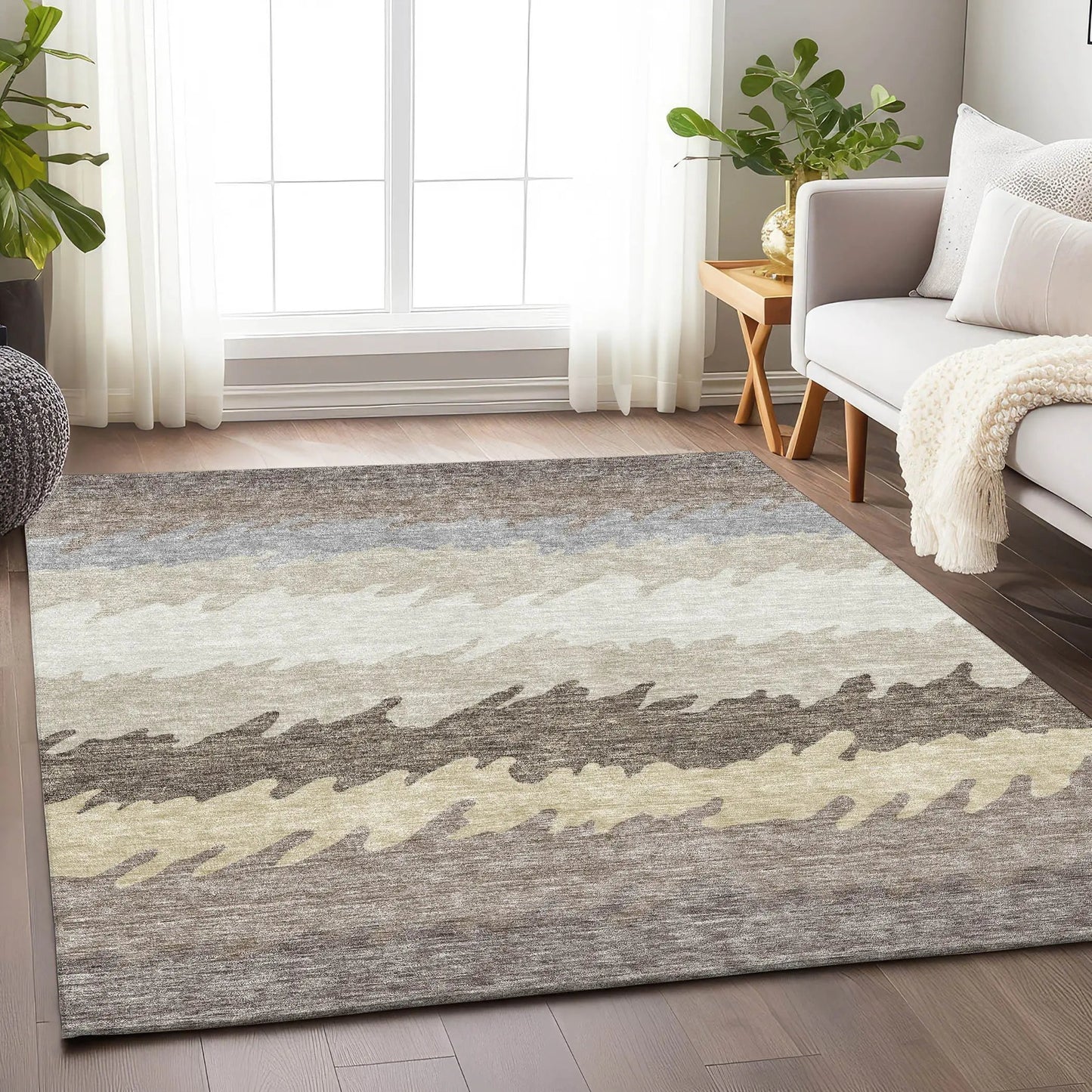 8' X 10' Taupe Gray And Beige Striped Washable Area Rug With UV Protection-3