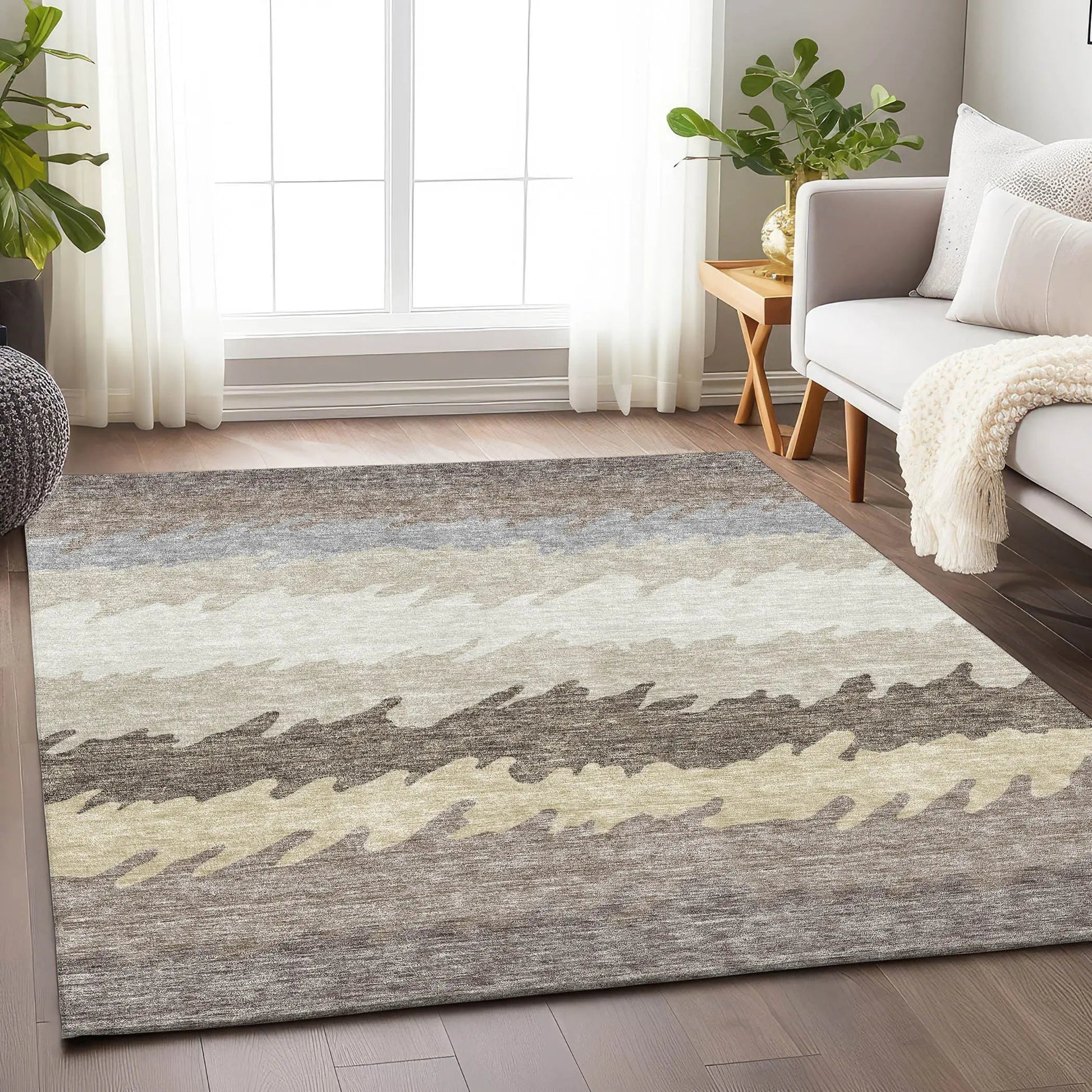 8' X 10' Taupe Gray And Beige Striped Washable Area Rug With UV Protection-3