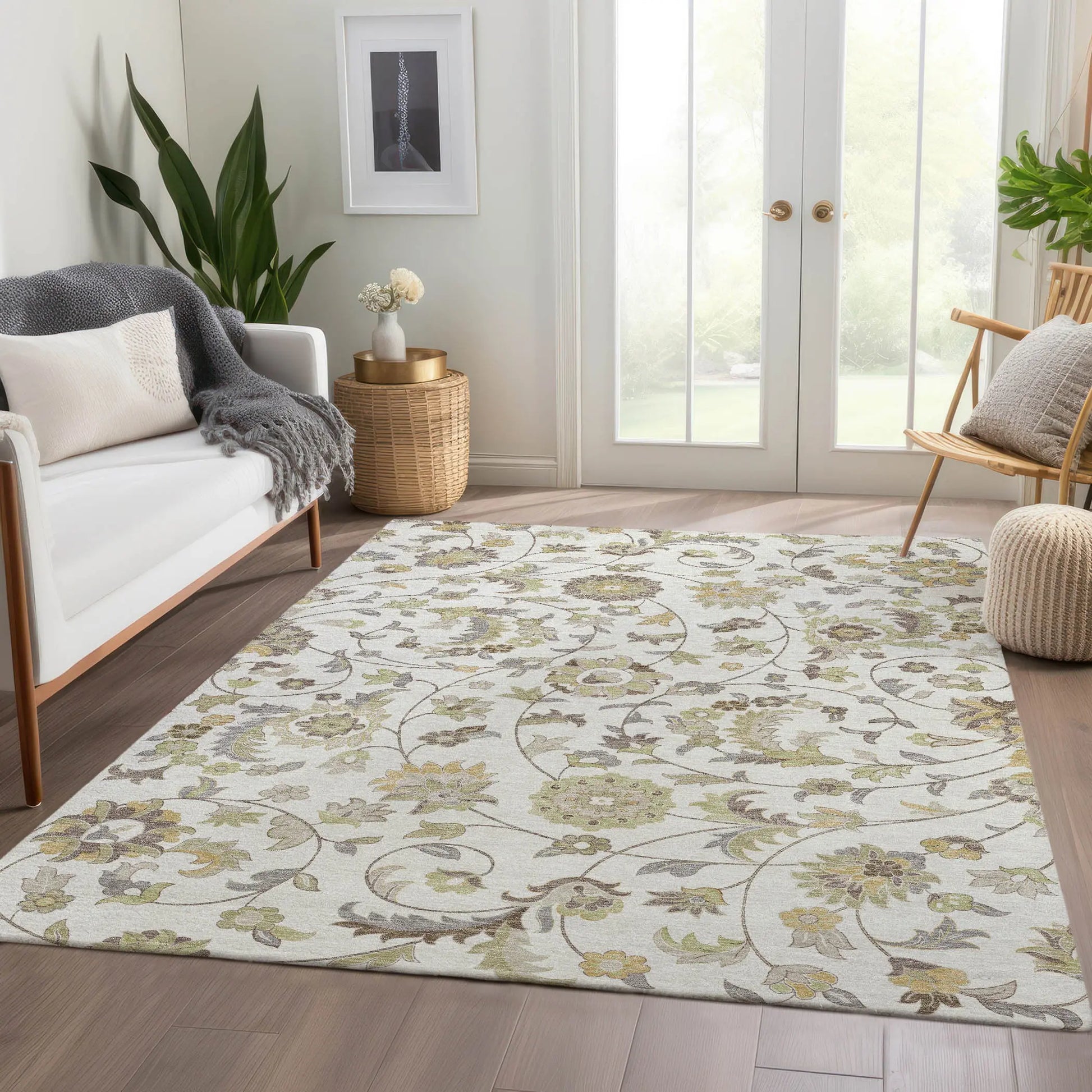 8' X 10' Ivory Copper And Gray Floral Washable Area Rug With UV Protection Homeroots