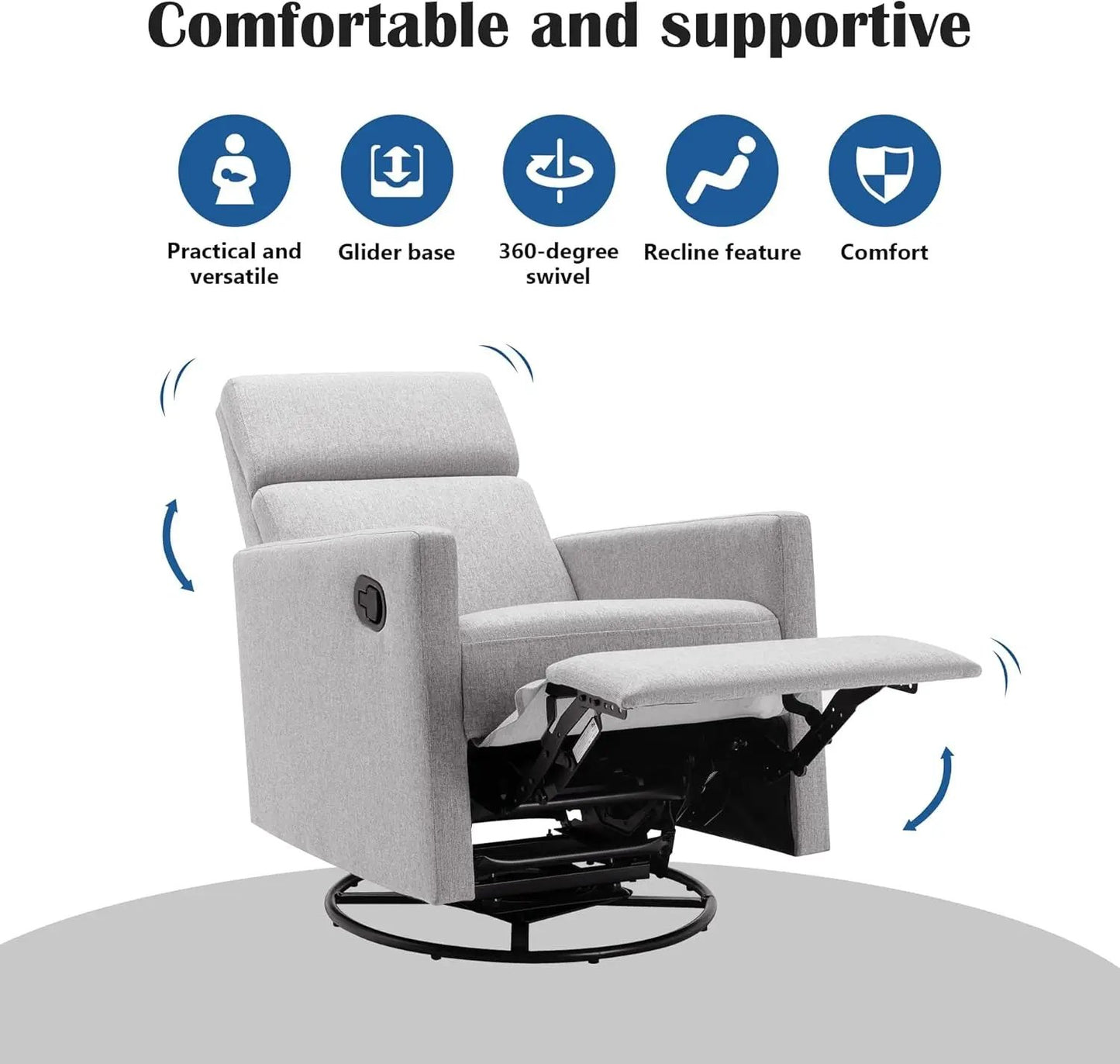 Modern Upholstered Manual Swivel Recliner Chair W/Headsupport Adjustable Nursery Glider Rocker for Living Room, Bedroom Gray-3