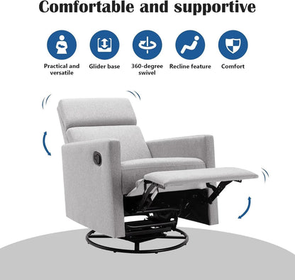 Modern Upholstered Manual Swivel Recliner Chair W/Headsupport Adjustable Nursery Glider Rocker for Living Room, Bedroom Gray-3