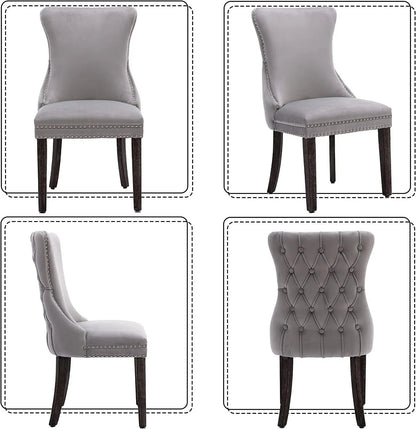 Set of 2 Light Gray Velvet Tufted Wingback Dining Side Chairs, Nailhead, Solid Wood Legs-3